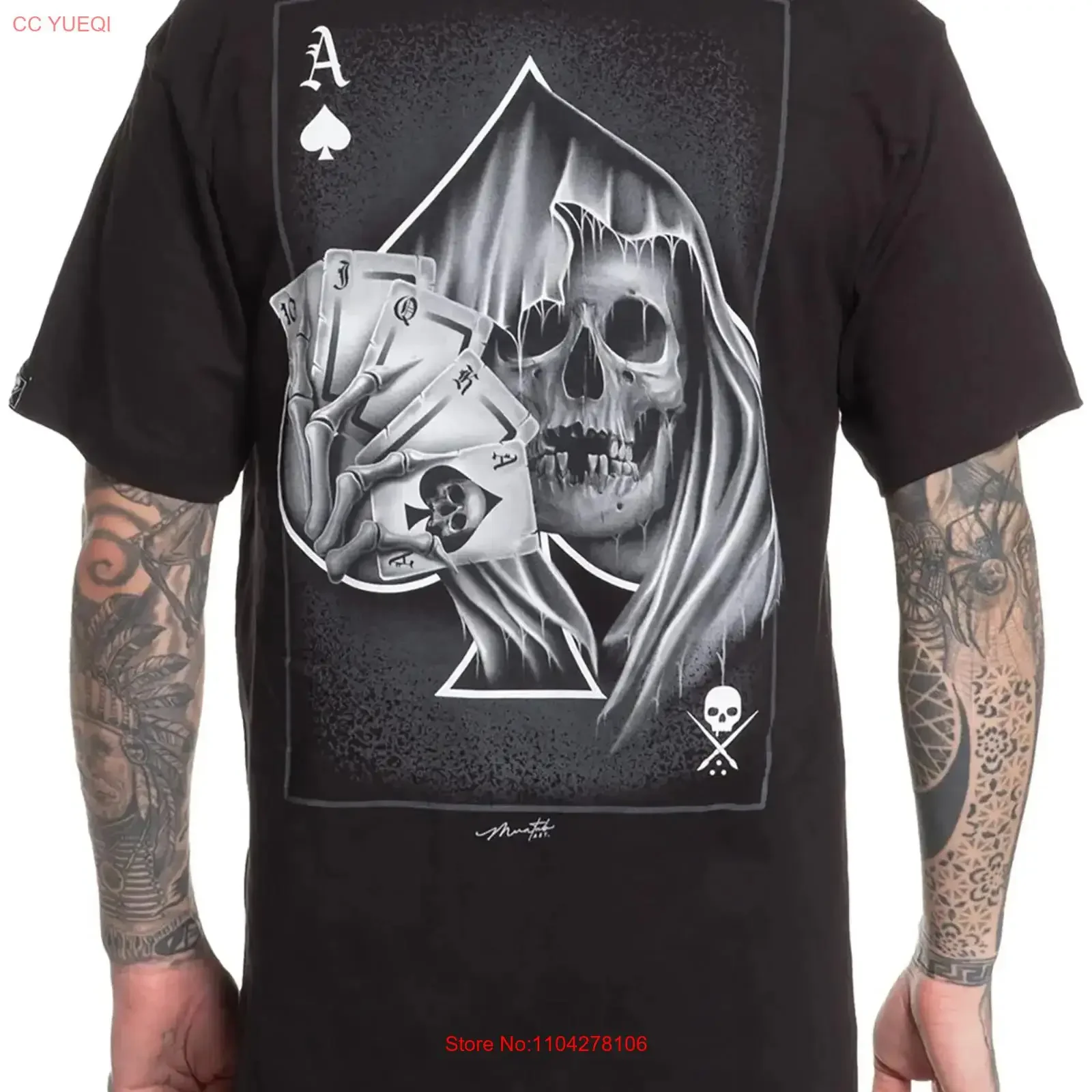 Camiseta Masculina Sullen Pala De La Muerte Standard com Estampa de Caveira e Cartas do Ceifador, Vintage, Lavada, Confortável e Versátil