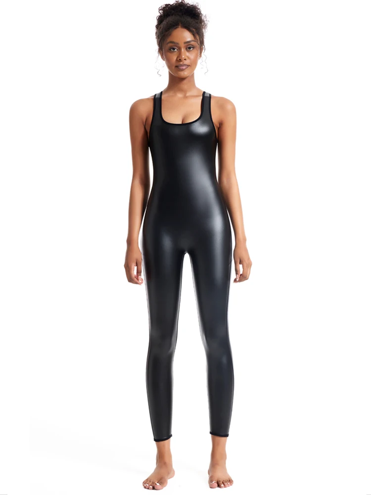 Tuta sportiva da donna Sexy in ecopelle di un pezzo tuta sportiva solleva il culo donna palestra Set tuta sportiva senza maniche tuta Fitness Yoga