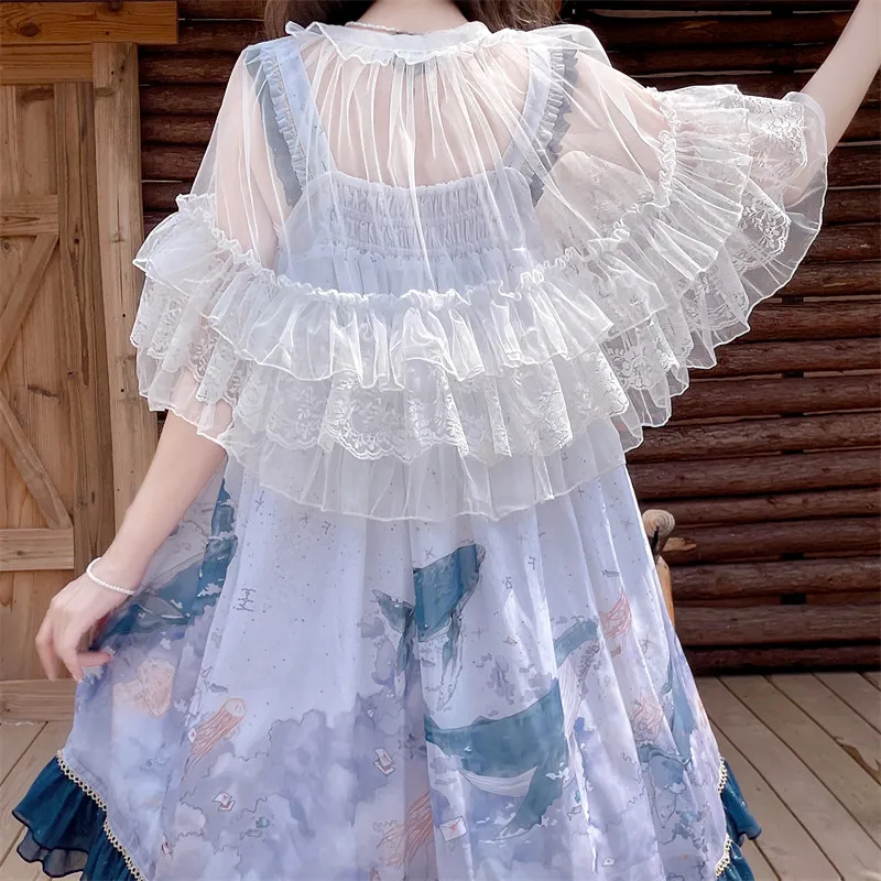 Lolita Sunscreen Sweater with Outer Shawl, Short-Lined Lace Netting Cover-Up for Women Summer