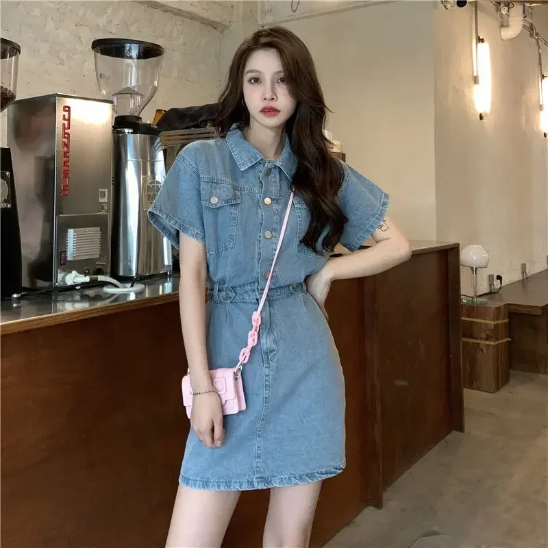 ใหม่หวานผู้หญิง DENIM สั้นชุดผู้หญิง Turn-Down COLLAR SINGLE Breasted แขนสั้นกระเป๋าสาย DENIM Jean เกาหลีชุด