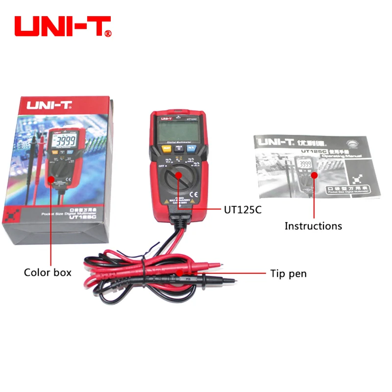 UNI-T UT125C Mini Pocket Digitale Multimeter Temperatuur Tester Weerstand Condensator Frequentie Diode NCV Test Laagspanning Display