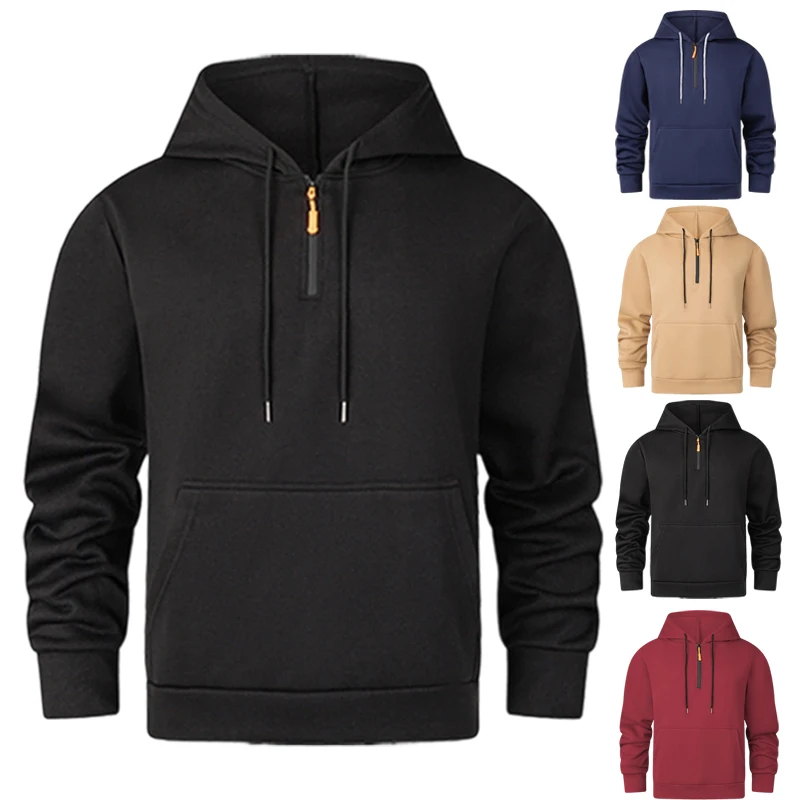 Autumn Men Half Zip Hoodie Multi Zipper Pocket Long Sleeve Pullover Drawstring Hooded Sweatshirt Outdoor Casual Loose Street .