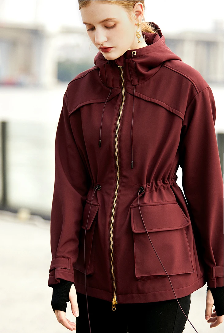 Women Coat Solid 2 Colors Casual Style Hooded Zipper Lace up Neck Long Sleeve Pockets New Fashion