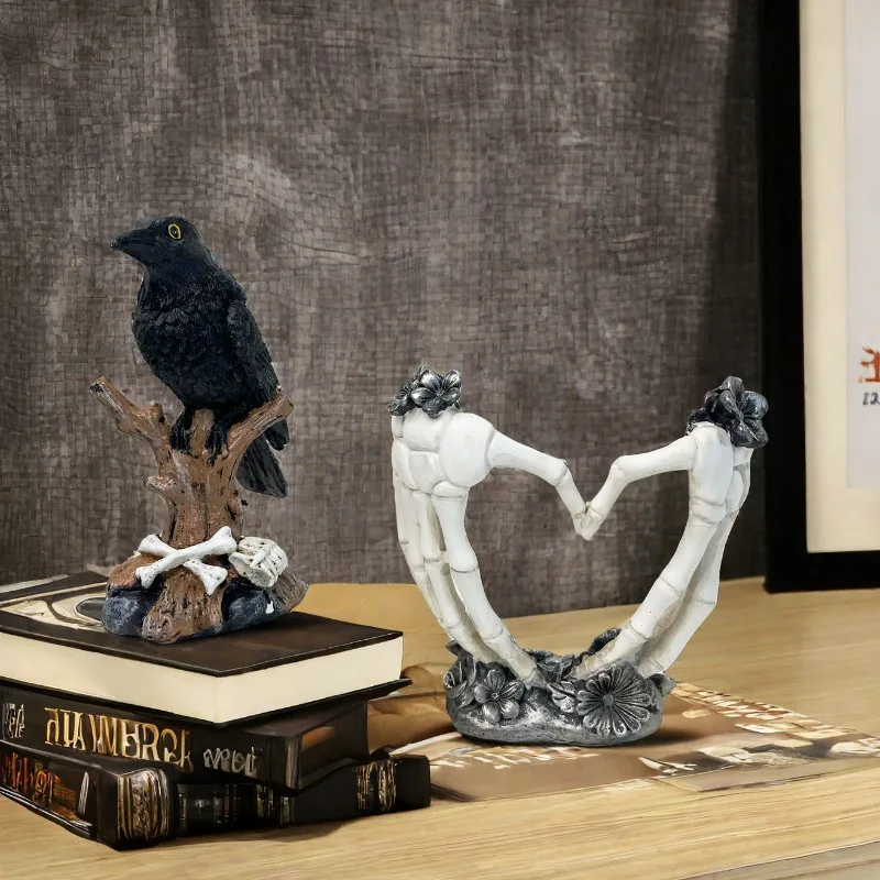 Halloween Magic Mirror Hand Ringing Bell Ghost Hand Sculpture Crow Figurines Ornament Home Room Decorations Halloween Gift