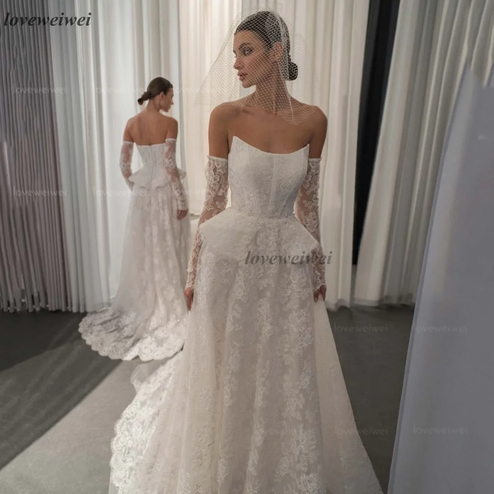 Customized Lace Elegant Wedding Dress Mermaid Strapless Bride Dresses Detachable Train Luxury Bridal Gowns Vestidos De Novia