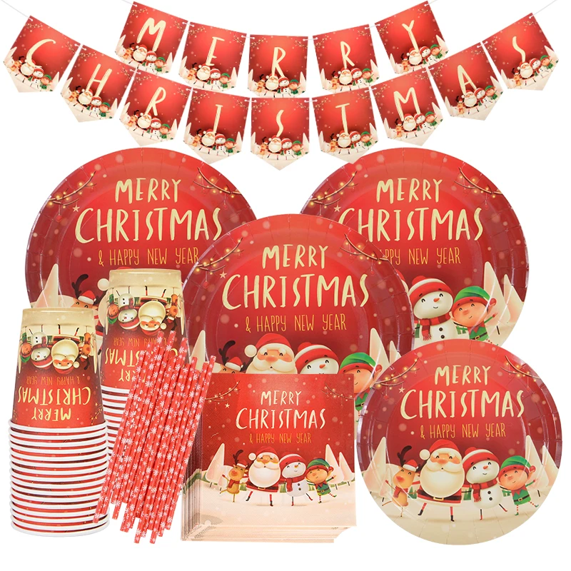 

Merry Christmas Theme Party Disposable Tableware Set Paper Plates Napkins Cups Tablecloth Straws Xmas Party Decor 2024 New Year