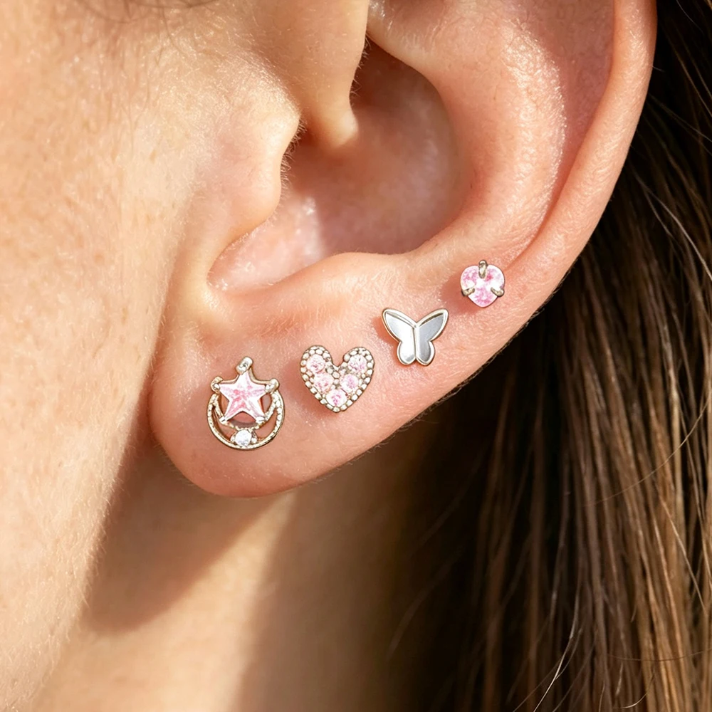 4PCS Stainless Steel Heart-Shaped Ear Stud Sets For Woman Cute Sweet Zircon Star Moon Shape Stud Earring Romantic Jewelry Gift