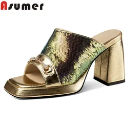 ASUMER 2024 New Bling Genuine Leather Women's Slippers Fashion Ladies Outside Casual Slippers Thick High Heels Platform Shoes