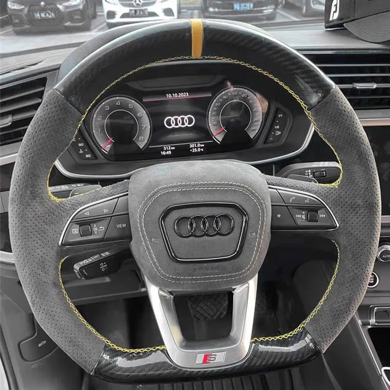 

Fit For Audi Q3 2018-2019 Q5 SQ5 2017-2019 Q7 SQ7 2015-2019 Q8 SQ8 Hand-stitched carbon fiber suede car steering wheel cover