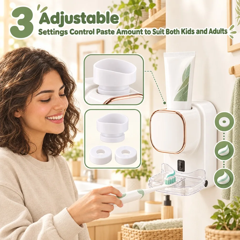 Automatic Toothpaste Dispenser Touchless Wall Mounted 3 Modes Hands-Free Squeezer for Kids Family Bathroom USB-C Touchless