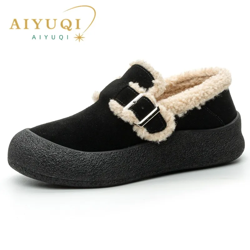 AIYUQI Women Sneakers Winter 2024 New Velvet Genuine Leather Beanie Shoes Women Flat Large Size Women Casual Shoes