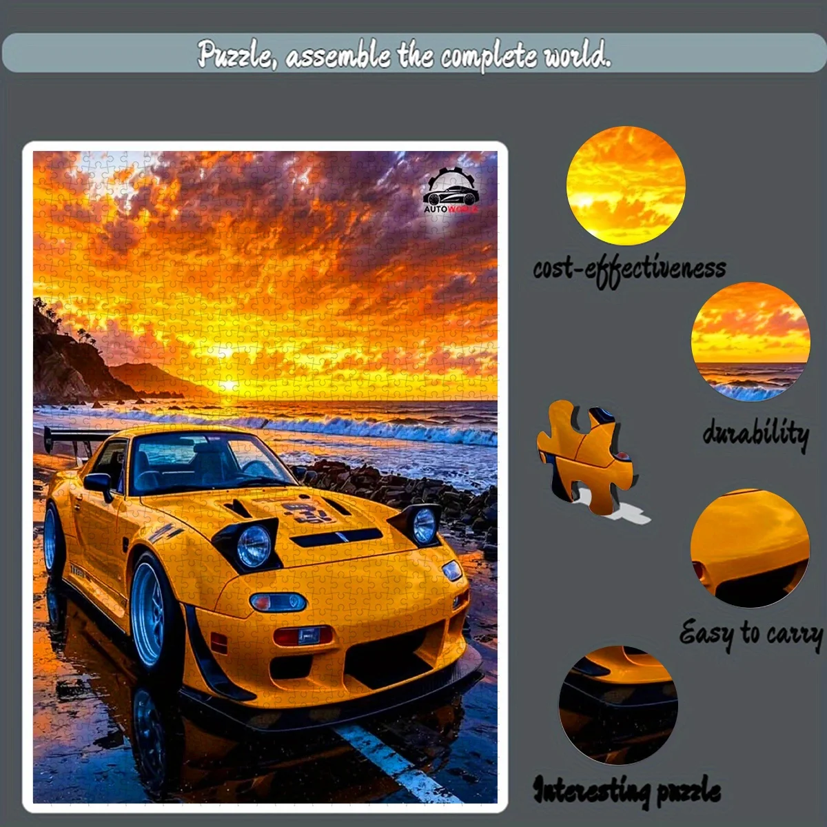 Vibrant Yellow Sports Car at Coastal Sunset Scene Jigsaw Puzzle Adult Automotive Theme Intellectual Game Home Leisure Decorative