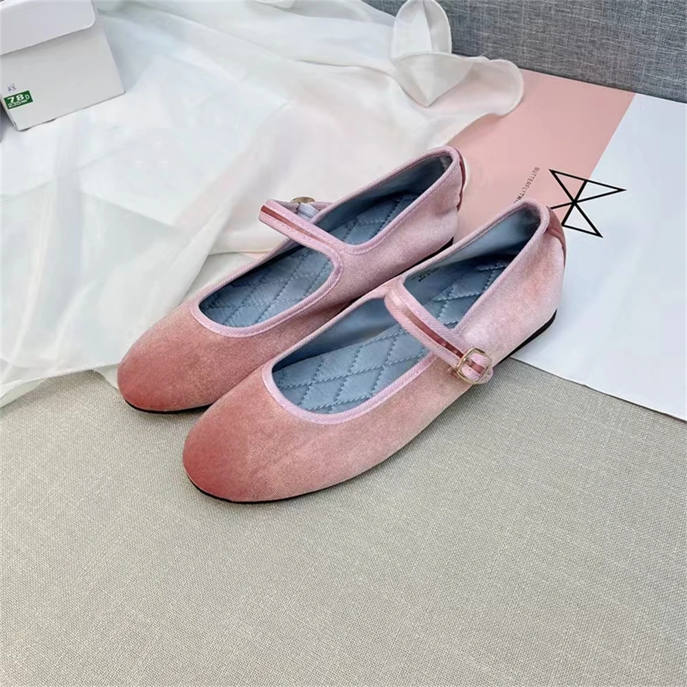 Brangdy 2022 Spring and Autumn Velvet Mary Jane Shoes Round Toe Single Shoes Women Black Beige Velvet 벨벳 메리 제인 신발 Metal Buckle