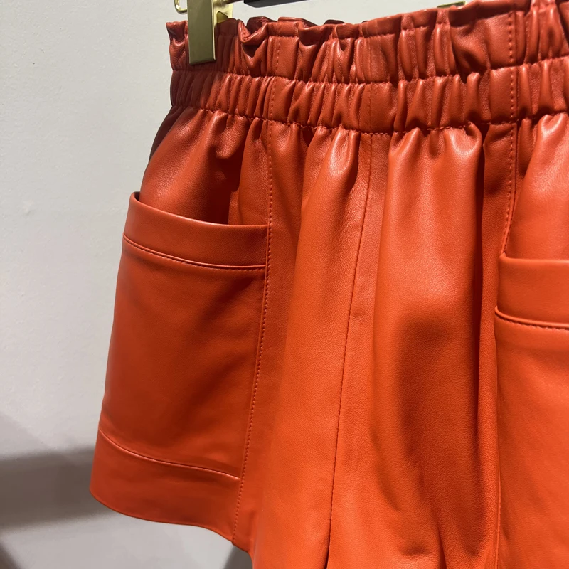 Pantalones cortos informales de piel auténtica para Mujer, Shorts blancos con bolsillos grandes, cintura elástica, Sexy, 2022