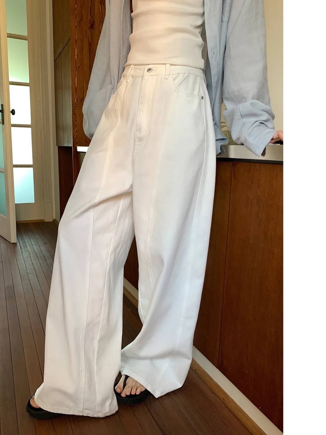

Decosed Line Pure Color Drapey Casual Loose Versatile Lazy Women's Long Pants Jeans Straight Leg Micro Stretch l Waist