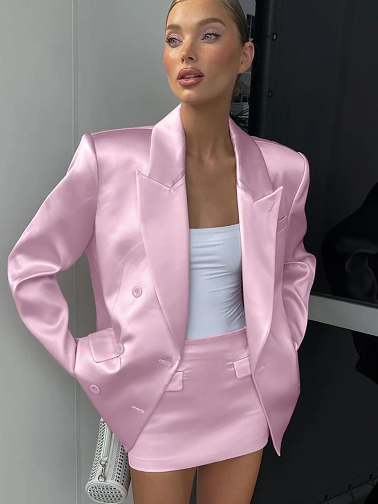 

JULISSA MO Satin Turn-down Collar Button Women Blazer Sets Pink Long Sleeve Blazer Mini Skirt Summer Slim Casual Two Piece Sets