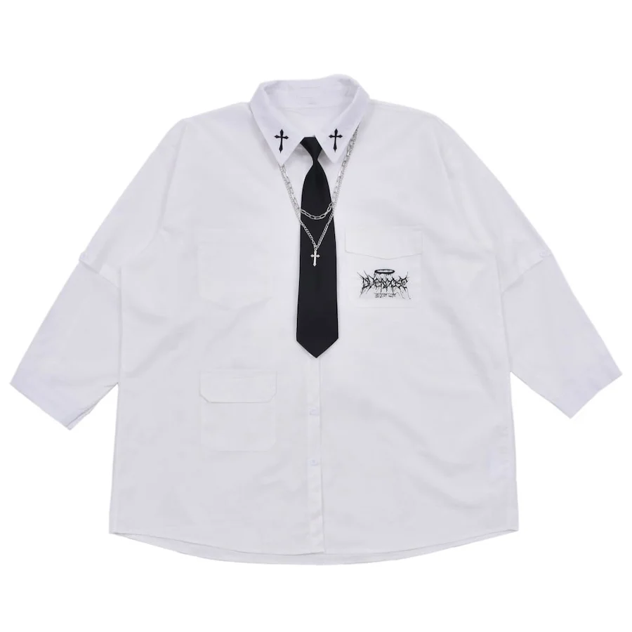 Japanese Mine Embroidered Cross Print Loose Long Short Sleeve Two Wear Shirt Women's Subculture Shirt with Chain