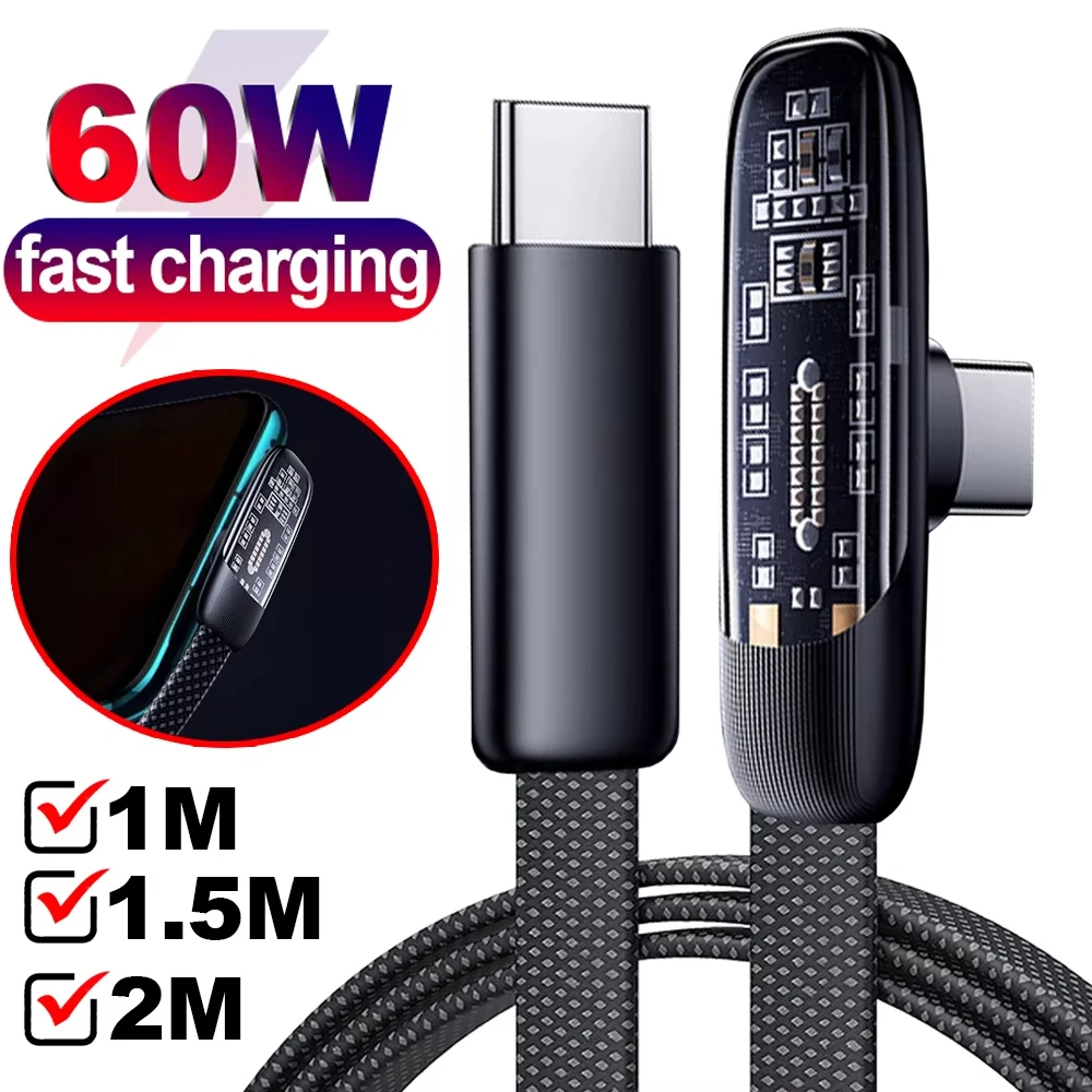 60W Flat Nylon Braided 90 Degree Elbow Right Angle High-speed USB C Type C Fast Charging Data Cable For iphone 15 16 17 Samsung