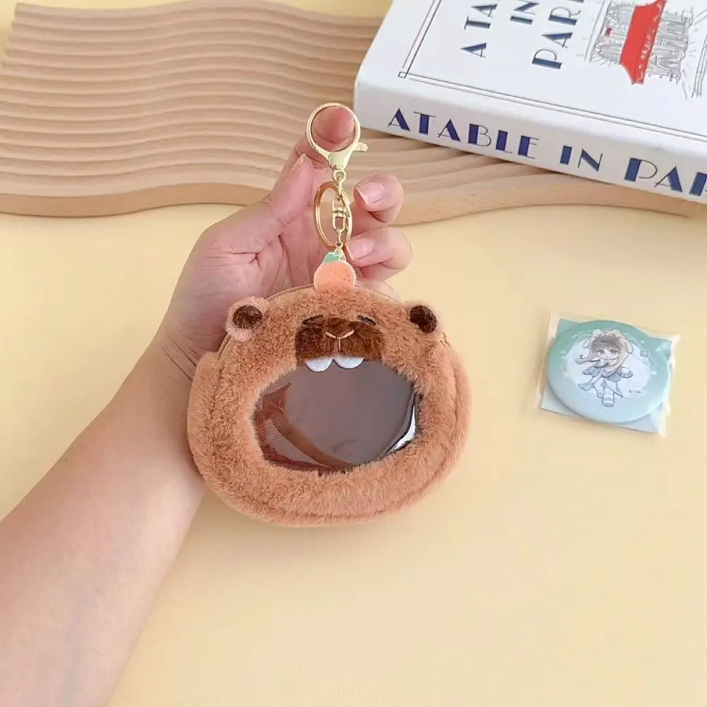 

Portable PP Cotton Capybara Zero Wallet Soft Creative Transparent Badge Bag Animal Key Ring Coin Pouch Plush Doll Pendant Women