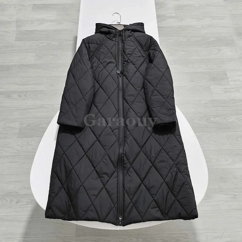 Garaouy 2023 Winter Women Loose Rhombic Lattice Hooded Zip Long Cotton Clothes Jacket Female Thickened Warm Parka Coat Outwear