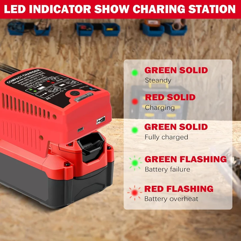 Craftsman 20V リチウムイオンバッテリー用高速ワイヤレス充電アダプター、旅行用 Type C&USB 出力付き、キャンプ用 3A 電話充電器