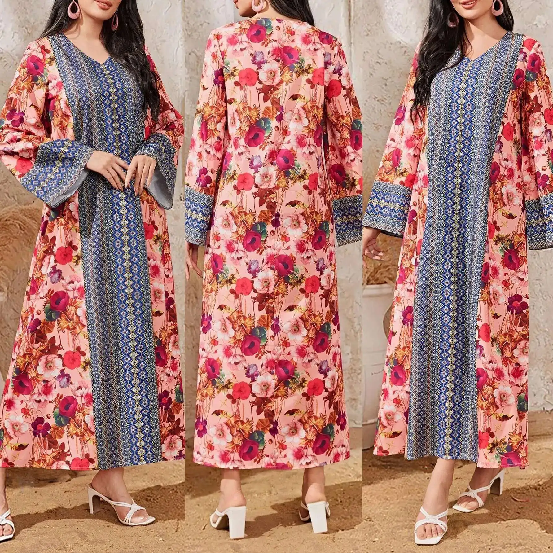 

D163# Women's Same Style Printed Color Blocked Trumpet Sleeve Dress Robe Robe Abaya Ramadan Dubai Luxury Islam Elegant