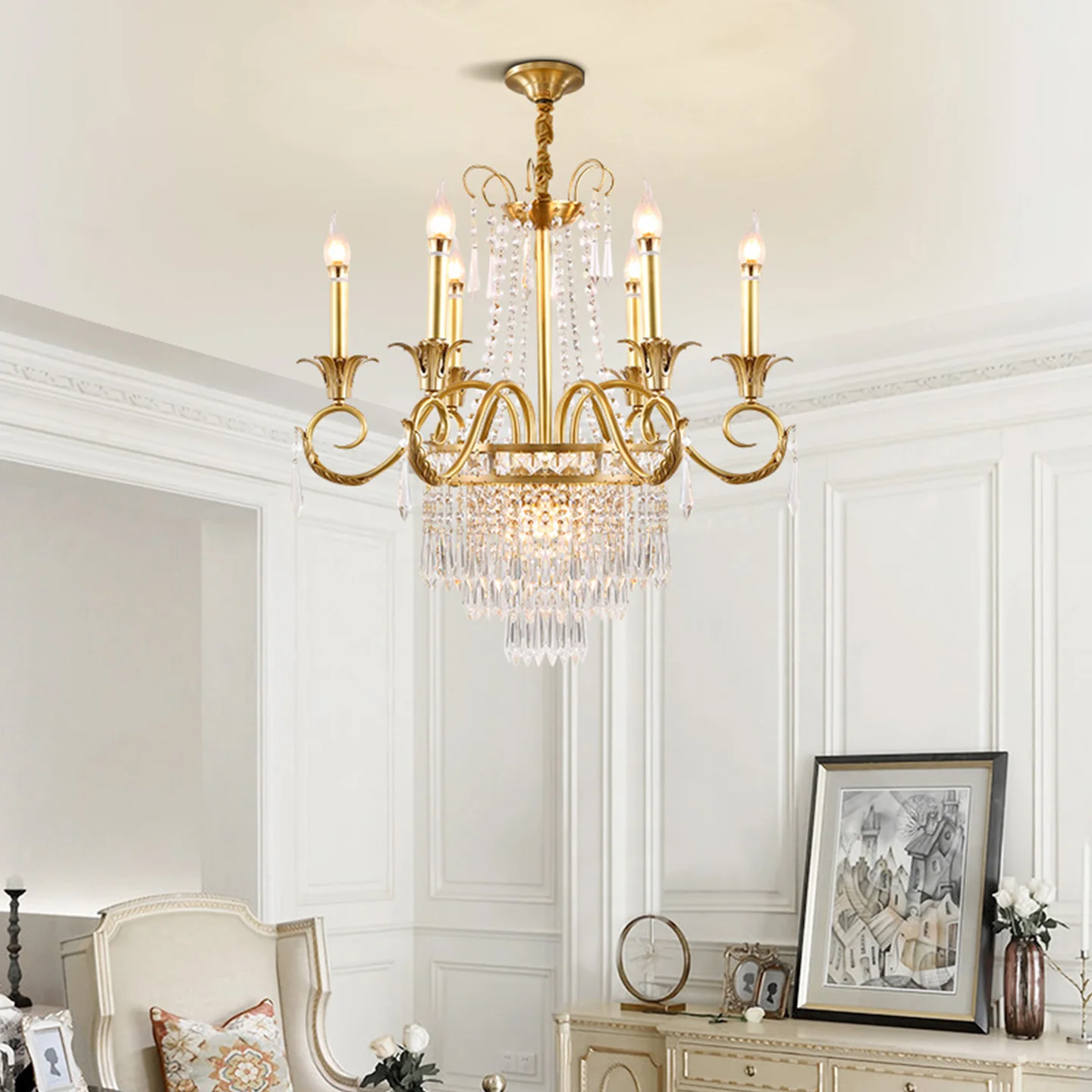 European Mid Century Living Room Luxury Crystal Chandelier French Empire Classic Brass Villa Pendant Light