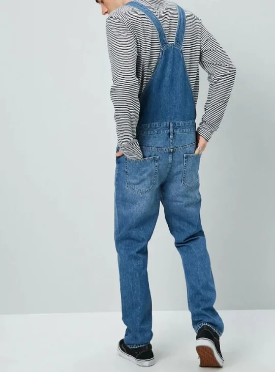 Overalls Ankle Length Jumpsuits One Piece Solid Men Denim Washed Spliced Rompers Straight Jeans Pockets Casual Mid Waist