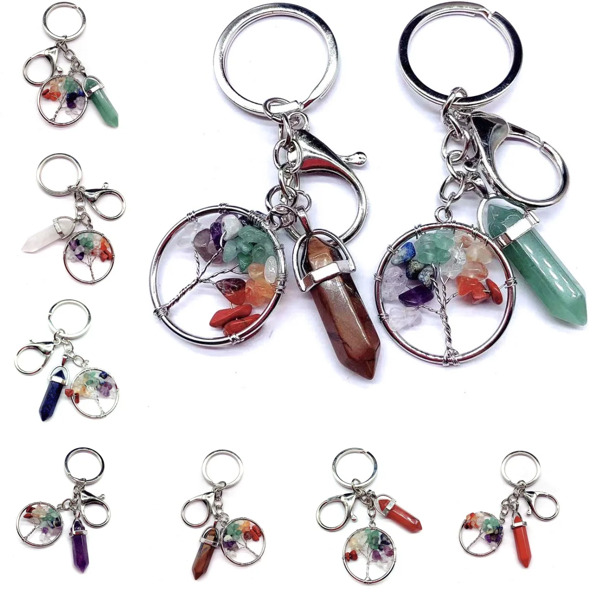 10pcs Hexagon Prism Charms Key Rings Women Natural Chip Crystal Stone Bead 30mm Tree of Life Keychains Lanyard Wholesale