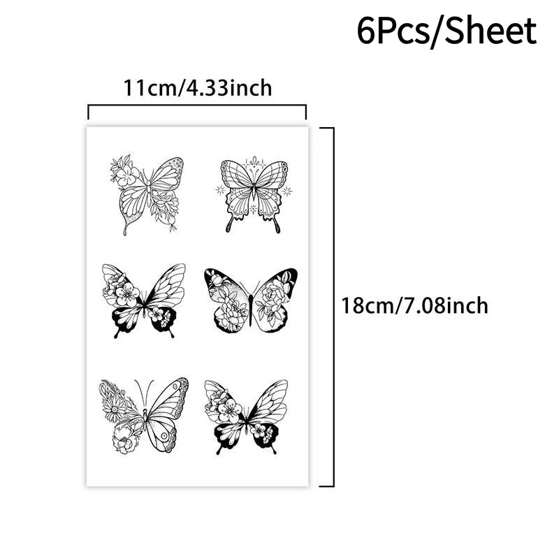6Pcs/Sheet Realistic Black Butterfly Temporary Tattoo Sticker, Applicable For Finger, Wrist, Shoulder, Neck, Collarbone And Body