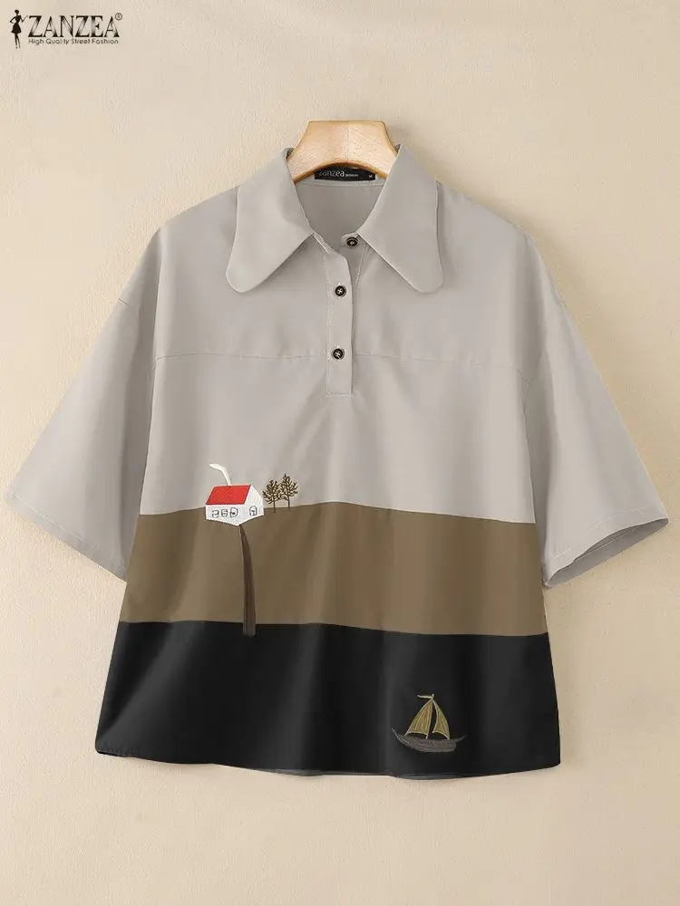 ZANZEA Polo da donna in colore a contrasto estivo Camicie casual allentate Colletto rovesciato Manica corta Camicette ricamate Donna Top 3XL