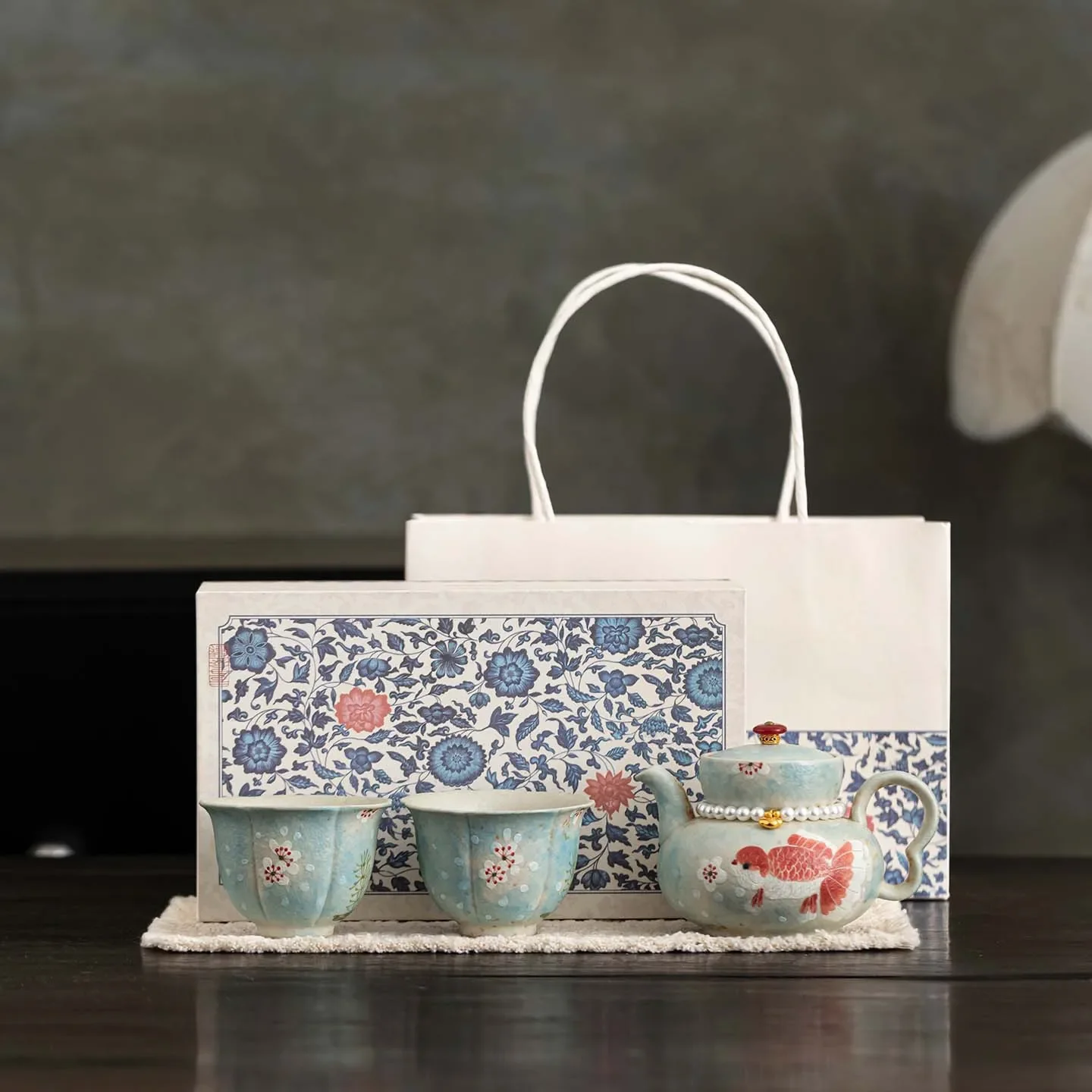 Hand-painted Koi Blessing One Pot and Two Cups Gift Box Set Tea Maker Luxury Flower Colorful Household Ceramic Kung Fu Tea Set