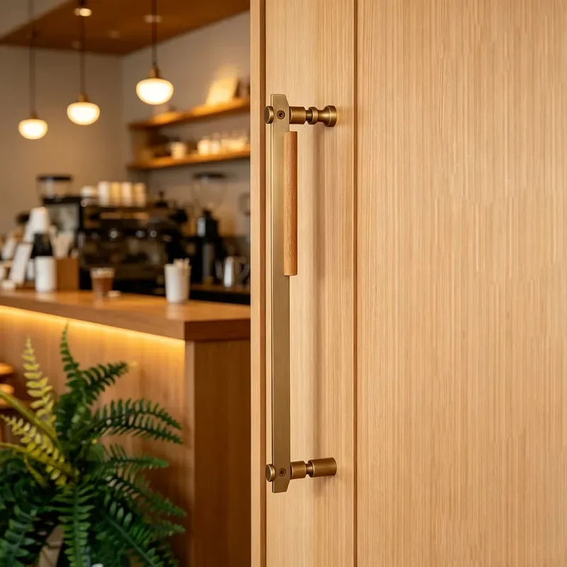 Solid Brass Door Handle with Teak Wood Inlay for Glass and Wooden Doors Double Sided Installation Modern Luxury Hardware Teak