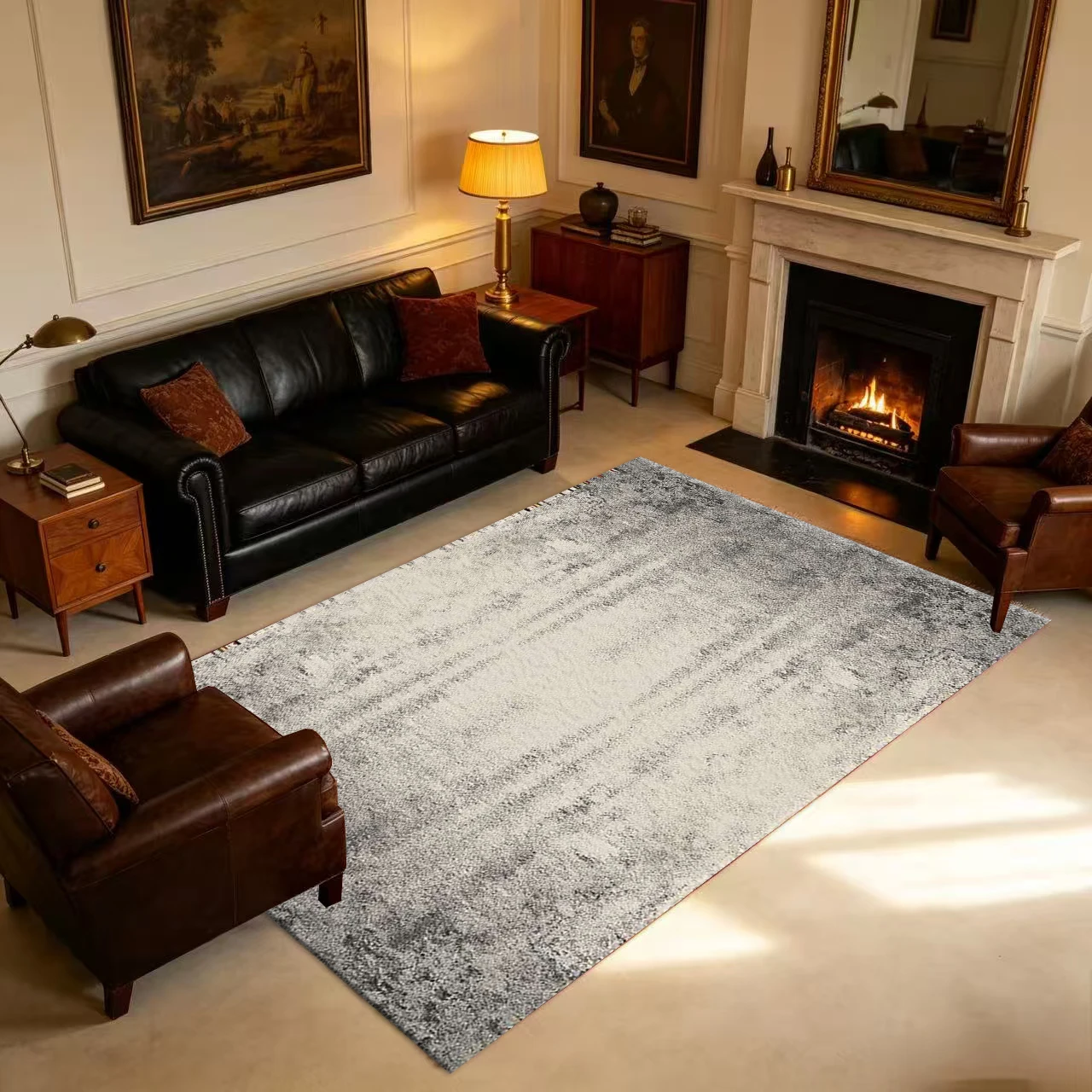 Vintage Distressed Texture Carpet Flooring with Antique Worn Effect, Neutral Tone Printed Rug Suitable for Villas