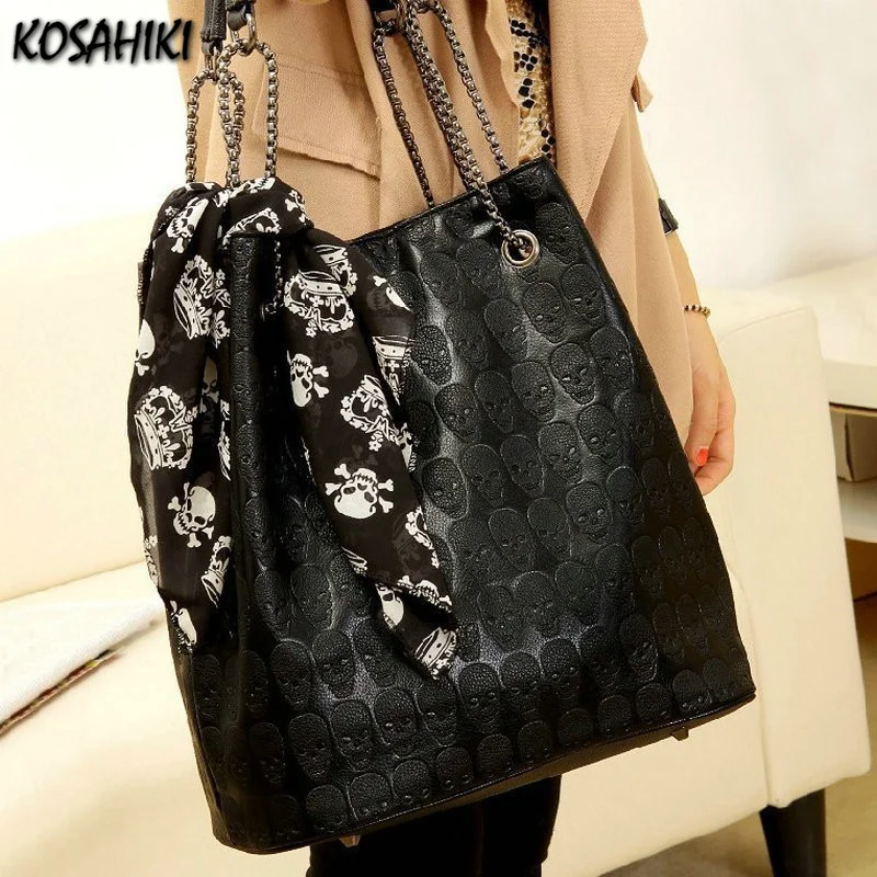 Japanese Sweet Ribbon Kawaii Trendy Shoulder Bags Personality Skull Y2k Aesthetic Tote  Streetwear  Women's Handbags