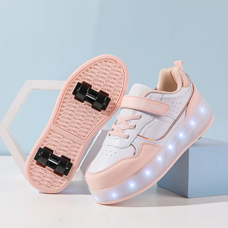 Kids Two Wheels Roller Skating Shoes With Light Velcro Walking Shoes Detachable Wheels Anti Slip Sole Shoes For Teenagers Shoes