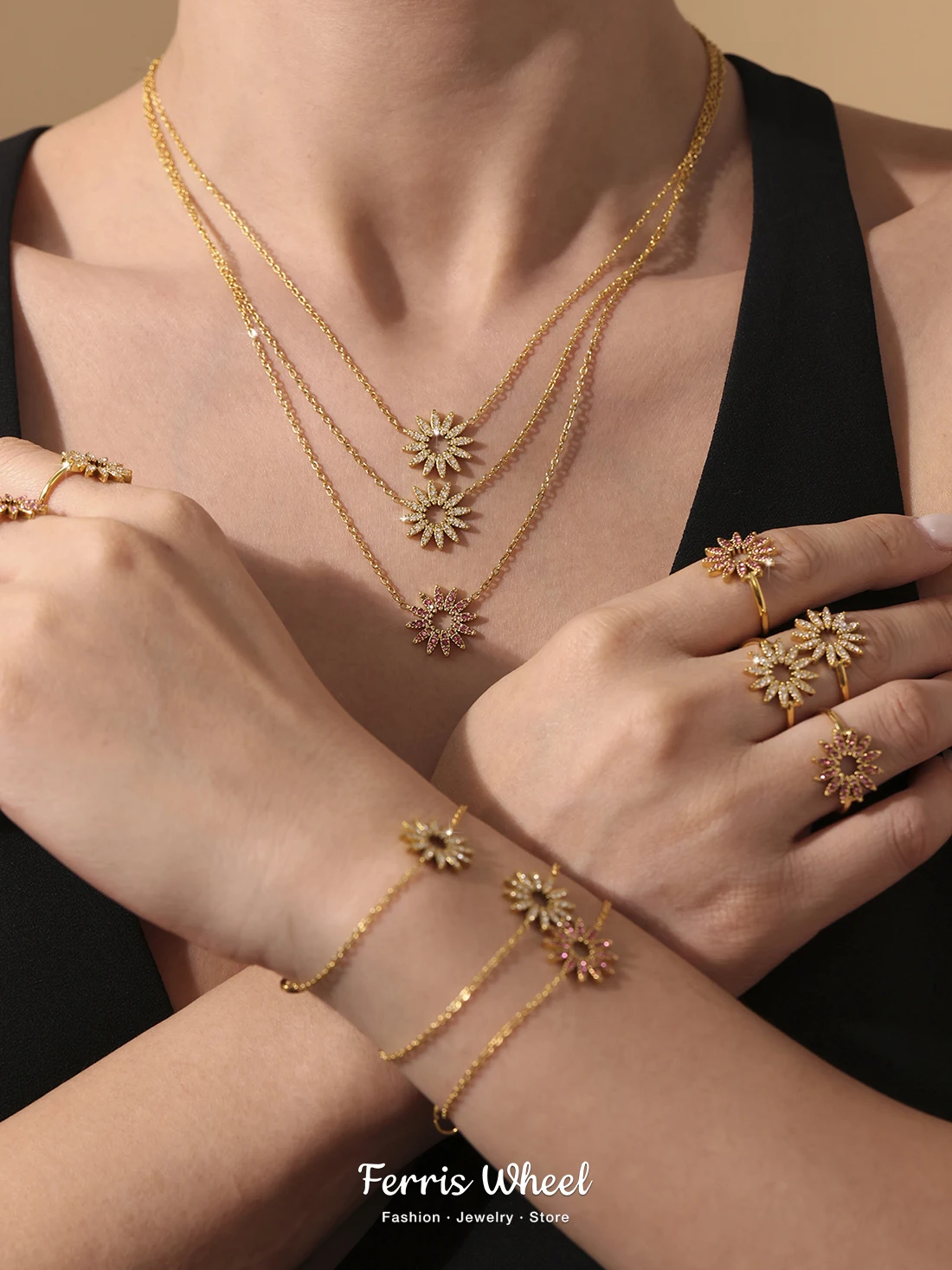 

Ferris Wheel Luxury Zircon Necklace Bracelet Ring For Women Flower Pendant Gold Plated Chain Stainless Steel Charm Jewelry Gift