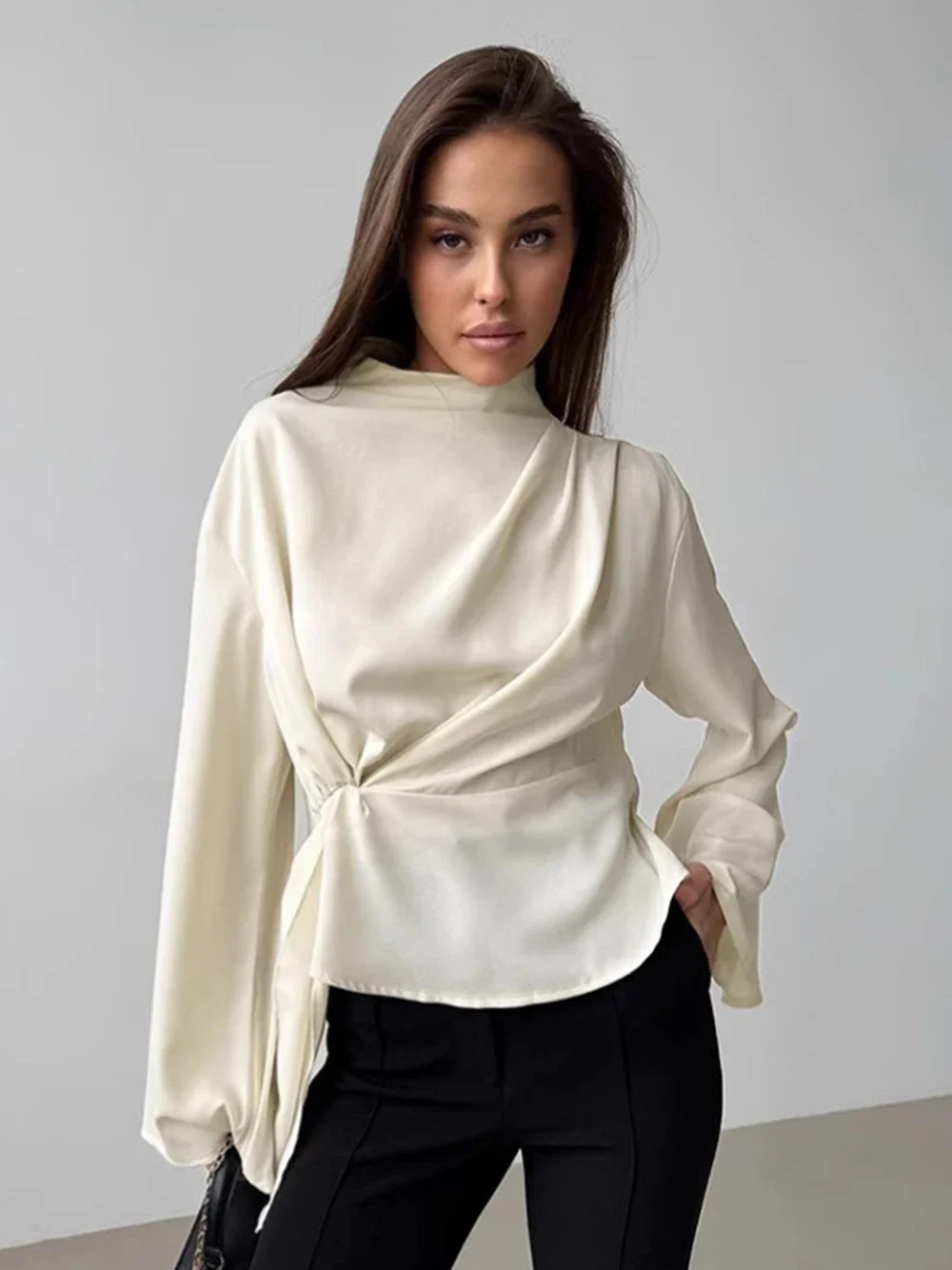 

Women Chiffon Flared Sleeve Shirt 2025 New French Fashionable Apricot Lace Up Waist Stand Collar Tops Versatile Female Pullover