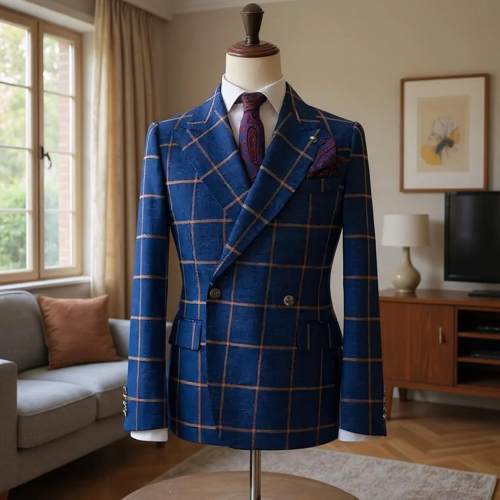 Check Plaid Men Suits for Wedding Double Breasted 2 Pieces Groom Tuxedo Set Peak Lapel Business Party Costume Suit Jacket Pants