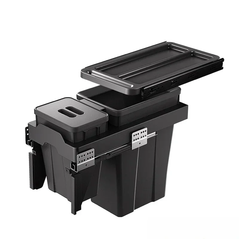 

Kitchen cabinet embedded trash can, blocking drawer type