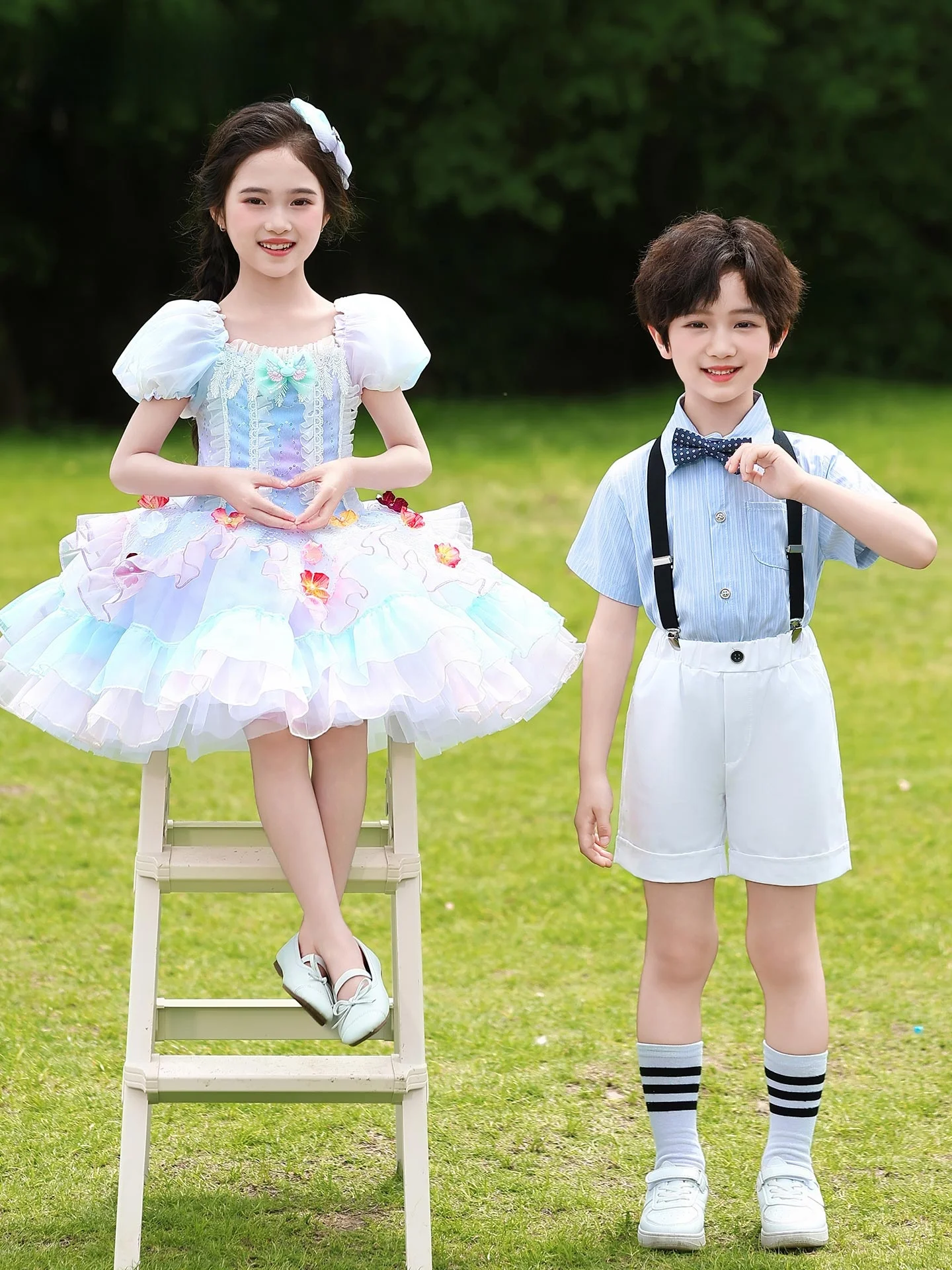 プリンセススタイル子供用パフォーマンス衣装ふわふわスカートバレエドレス女の子夏卒業ショー衣装弾性袖口