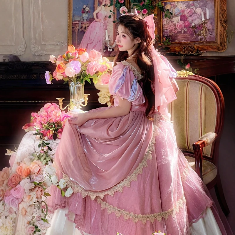 Sweet Princess Tea Party Pink Lolita Long Dresses Summer Women's Slim-Fit Elegant Heavy Industry Fairy Dress Cos Dress Vestidos