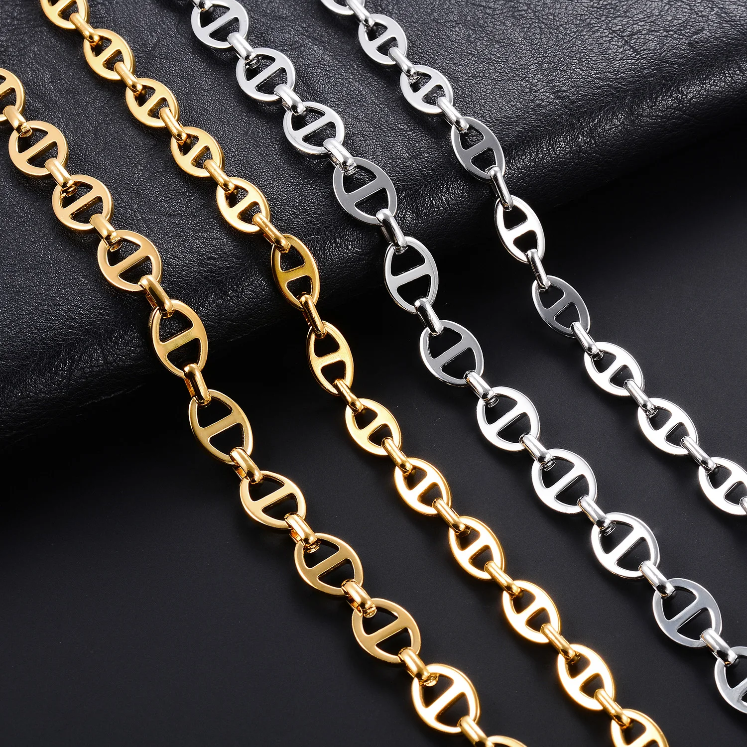 6MM 8MM Runde Edelstahlkette in Silber- und Goldfarbe, Kaffeebohnen-Halskette, Wasserdichter Hip-Hop-Choker, Metallschmuck – Detail 1