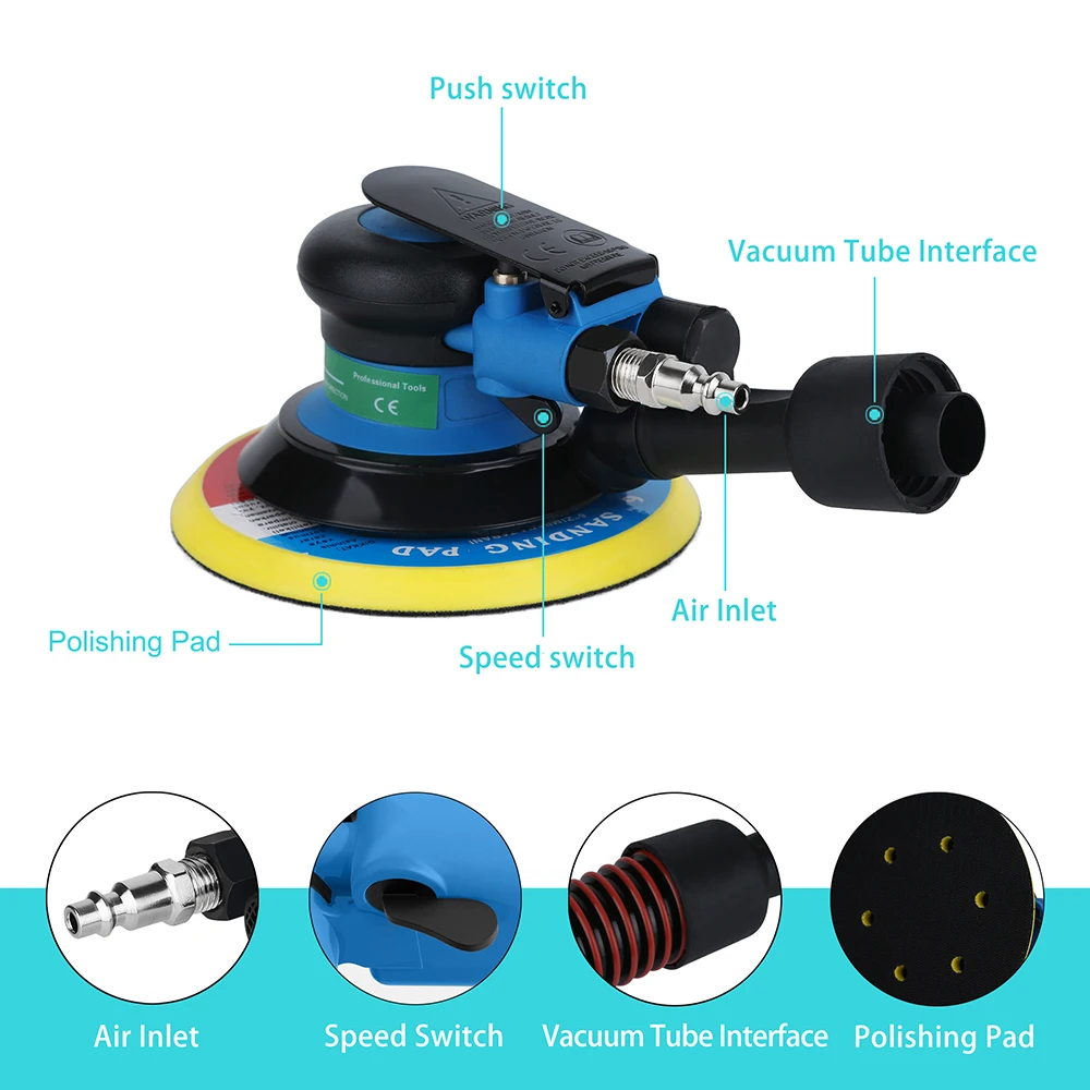 Imagem -03 - Máquina de Lixamento Pneumática de Valiantoin 125 mm 150 mm Excêntrico mm Moedor Vácuo Lixadeira Orbital Palma Polidor Pneumático