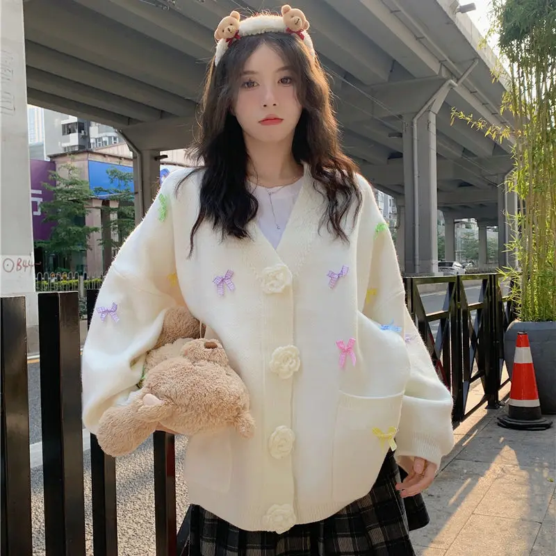 Candy-Colored Bow V Neck Three-Dimensional Sweater Flowers Knitted Cardigan Women Sweater Coat Korean Cute Knitwear Casual