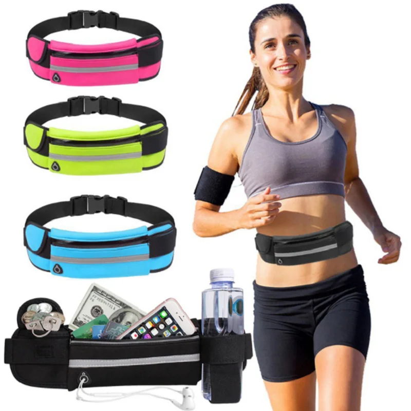 

Jogging Sports Waist Belt Bag Pack Mobile Phone Keys Card Money Cash Bags with Bottle Water Holder Outdoor Running Stretch Pouch