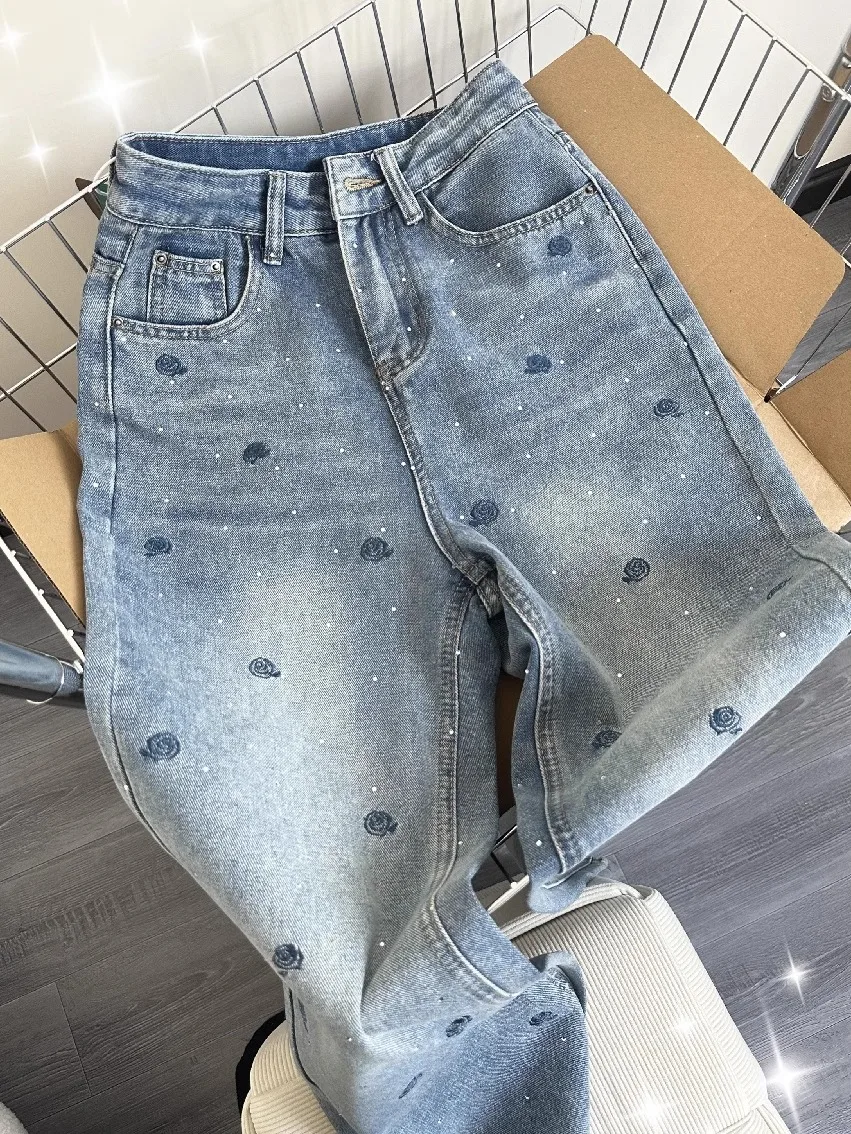 

Весна 2026: Женские джинсы свободного кроя, прямые, с вышивкой и стразами, широкие штанины, повседневные, с высокой талией, длинные