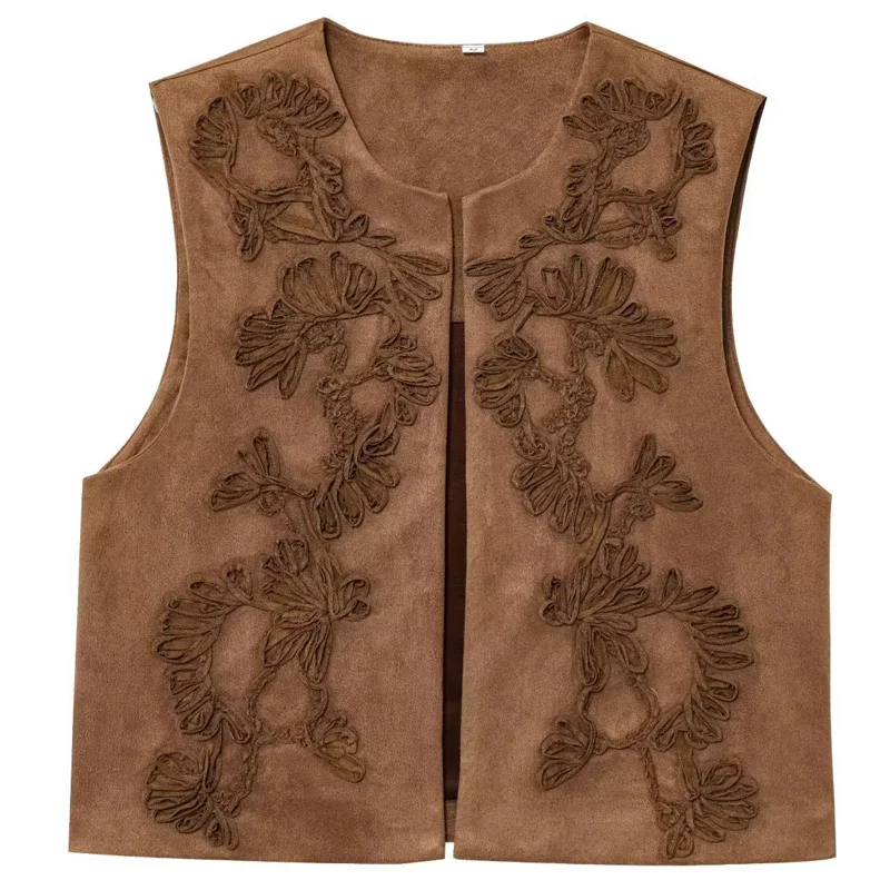 HXAO المرأة سترة المحاصيل المطرزة صدرية 2025 الربيع الجلد المدبوغ سترة دون أكمام البني الأحمر سترة أنيقة أنيقة Giletes للنساء
