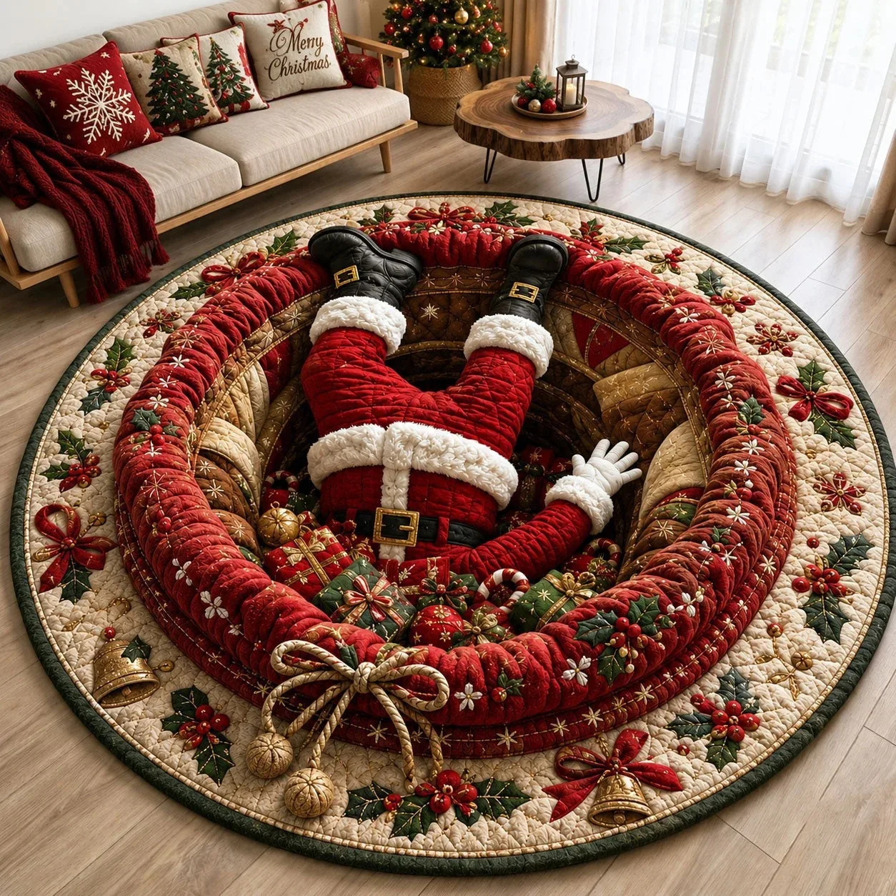 Merry Christmas Round Rug Dizziness Visual Art Carpet Santa Claus Cattle Print New Year Christmas Gift Hallway Decor Nonslip Rug