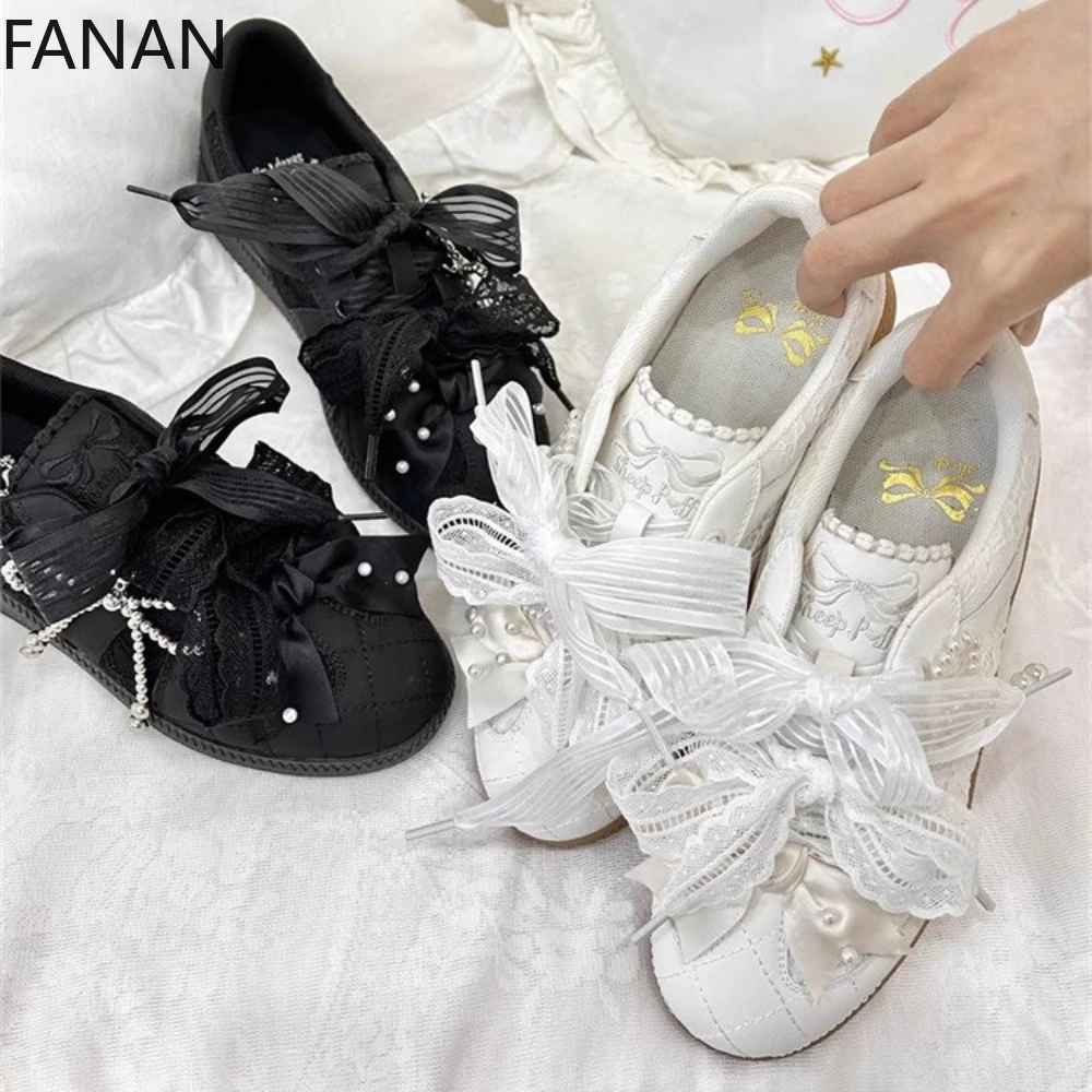 

2025 New Platform Lace Retro Lolita Flats Summer Pearl Bow Casual Sports Board Shoes Casual Low Heel Canvas Shoes
